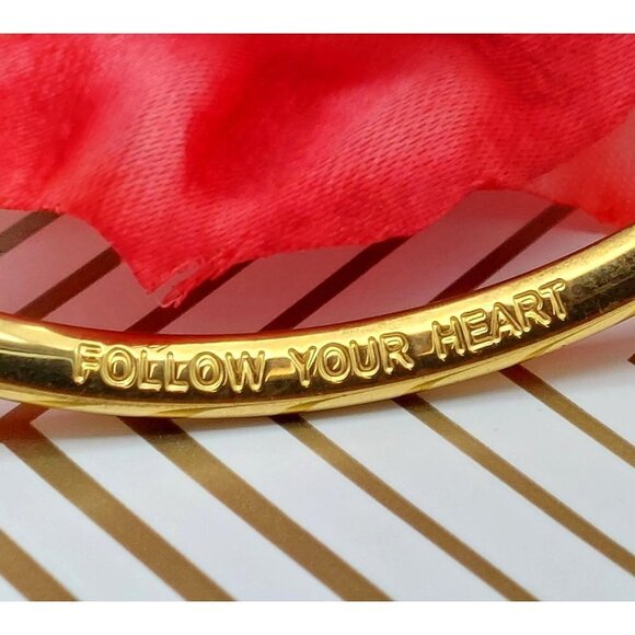 Gold Tone Signed Cuff Bracelet Well Made Engraved Follow Your Heart - Picture 8 of 12